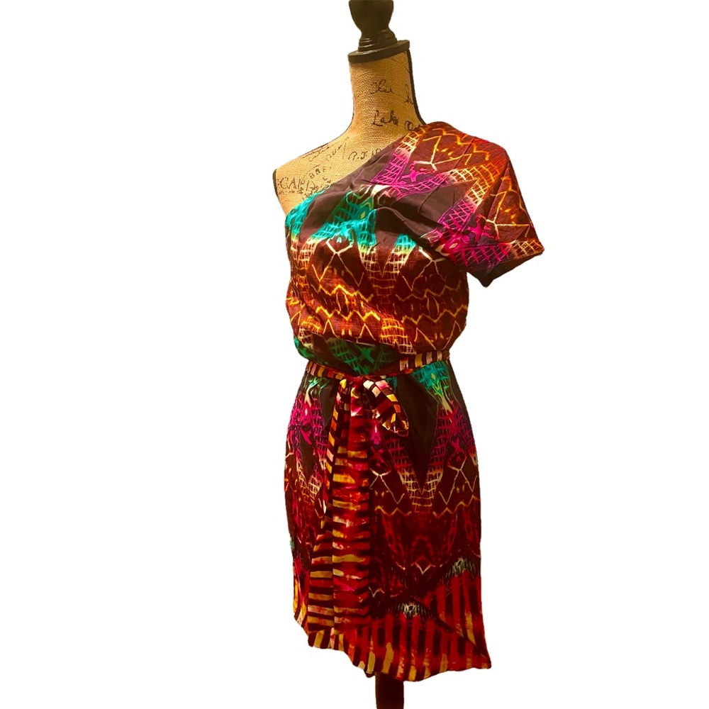 RARE!! NWT BCBG MAXAZRIA One Shoulder Silk Multicolored Dress Size XS